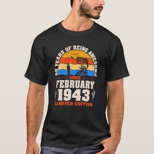 レトロ1943年2月80歳魚釣り80th Birt Tシャツ (正面)