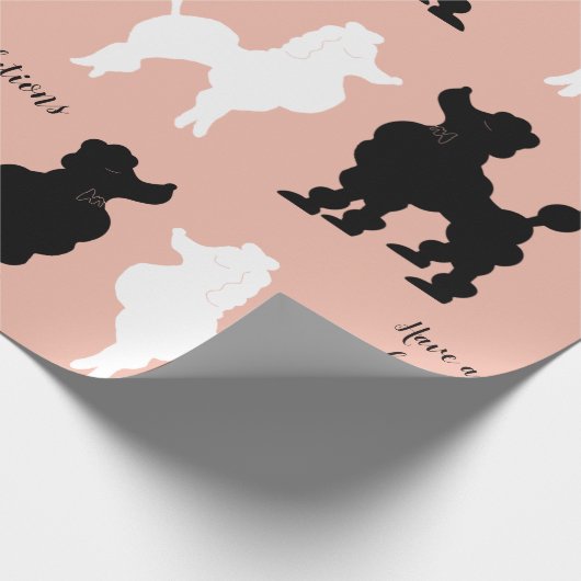 レトロ1950の白と黒のプードルオンピンクの地面 ラッピングペーパー (角)