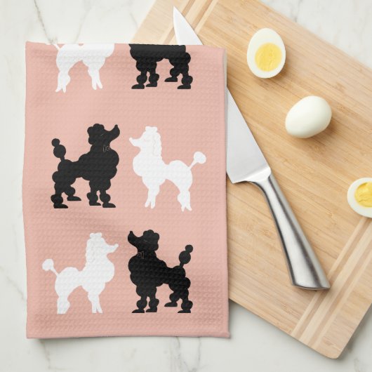 レトロ1950年代かわいい白と黒のプードルをピンクに キッチンタオル (四つ折り)