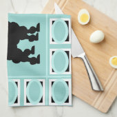 レトロ1950年代かわいい白と黒のプードルオンアクア キッチンタオル (四つ折り)