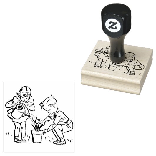 レトロ1950年代かわいい花を植える子供 ラバースタンプ (押印)