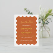 レトロ1950年代ウェーブエッジ テラコッタ ウェディング    箔招待状ポストカード (立ち正面)