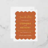 レトロ1950年代ウェーブエッジ テラコッタ ウェディング    箔招待状ポストカード (正面/裏面)