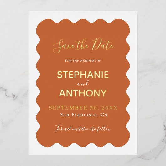 レトロ1950年代ウェーブエッジ テラコッタ ウェディング    箔招待状ポストカード (正面)