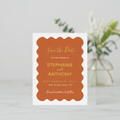 レトロ1950年代ウェーブエッジ テラコッタ ウエディング 箔招待状ポストカード (立ち正面)