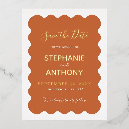 レトロ1950年代ウェーブエッジ テラコッタ ウエディング 箔招待状ポストカード (正面)