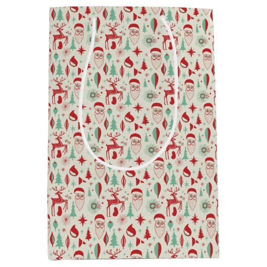 レトロ1950年代サンタ&トナカイ中世紀型クリスマス ミディアムペーパーバッグ (正面)