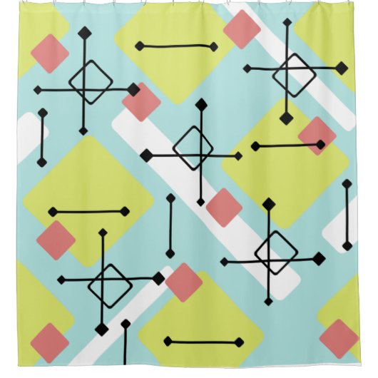 レトロ1950sアートダイアモンズミントグリーンイエロー シャワーカーテン (正面)
