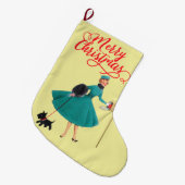 レトロ1950sクリスマスガール&ドッグ ラージクリスマスストッキング (正面 (吊り時))