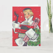 レトロ1950sクリスマスショッピング女の子ヴィンテージ シーズンカード (正面)