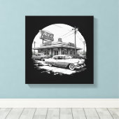 レトロ1950sディナーキャンバスウォールアート – ヴィンテージカー キャンバスプリント (インサイチュ (ウッドフロア))