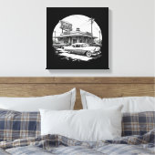 レトロ1950sディナーキャンバスウォールアート – ヴィンテージカー キャンバスプリント (インサイチュ (寝室))