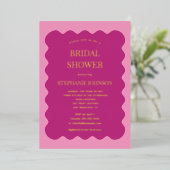 レトロ1950s波状エッジマゼンタおよびピンクブライダル 箔招待状 (立ち正面)