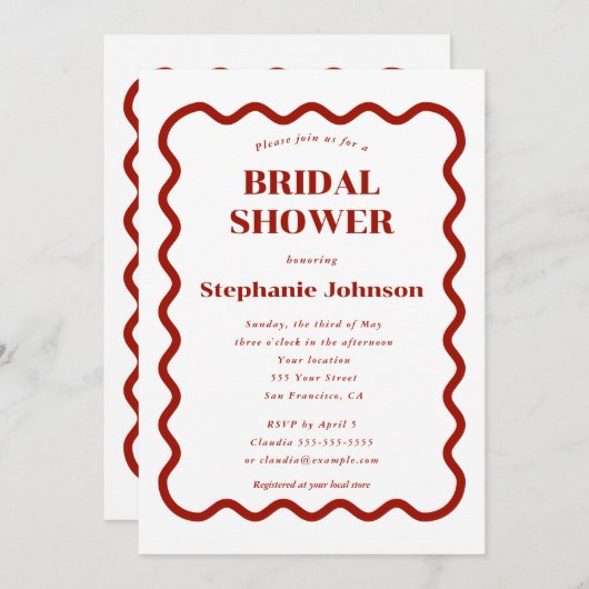 レトロ1950s波状縁ダークレッドブライダルシャワー 招待状 (正面/裏面)