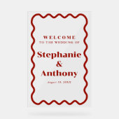 レトロ1950s波状縁ダークレッド結婚ズ アクリルサイン (正面)