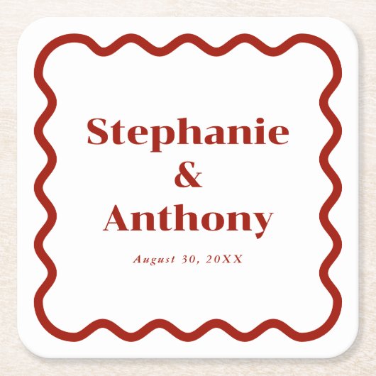 レトロ1950s波状縁ダークレッド結婚ズ スクエアペーパーコースター (正面)