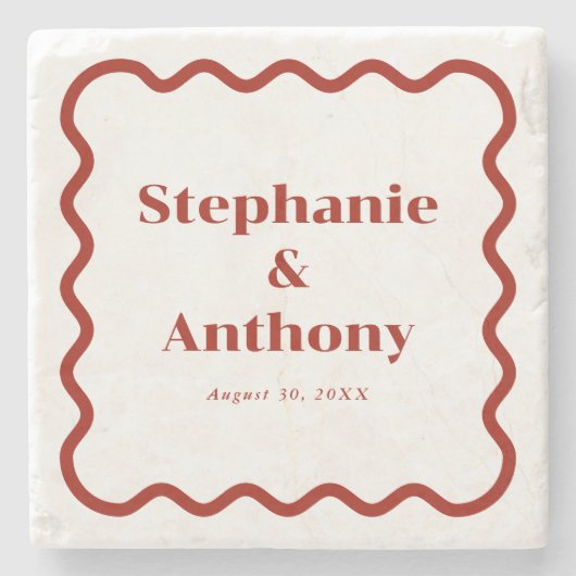 レトロ1950s波状縁ダークレッド結婚ズ ストーンコースター (正面)