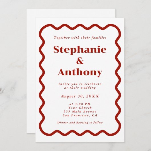 レトロ1950s波状縁ダークレッド結婚ズ 招待状 (正面/裏面)