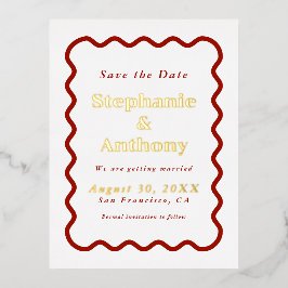 レトロ1950s波状縁ダークレッド結婚ズ 箔招待状ポストカード