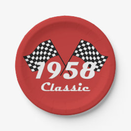 レトロ1958クラシックブラックアンドホワイトチェックされたレースフラグ ペーパープレート