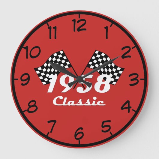 レトロ1958クラシック黒白市松模様レース旗 ラージ壁時計 (正面)