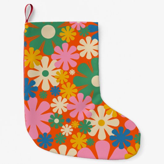 レトロ1960年代カラフル花柄 スモールクリスマスストッキング (正面)