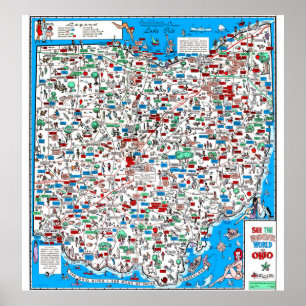 レトロ1966オハイオの漫画の地図 ポスター