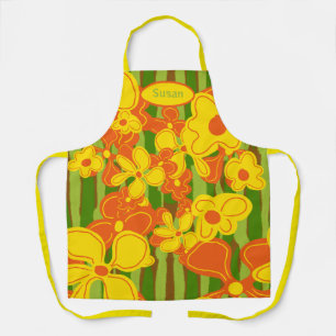 レトロ1970の黄色オレンジ色の花エプロン エプロン