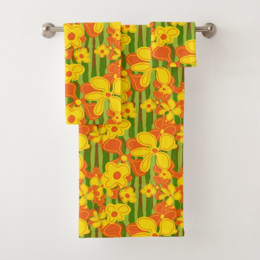 レトロ1970年の明るいはっきりしたオレンジ色の黄色い花 バスタオルセット (インサイチュ)