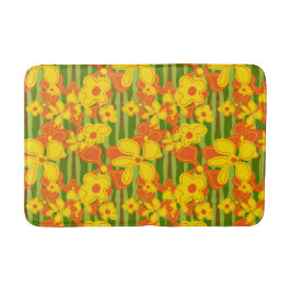 レトロ1970年代の明るいオレンジはっきりした色の黄色い花 バスマット