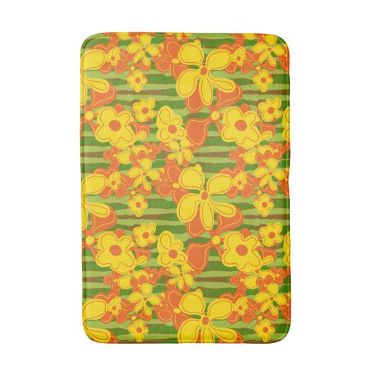 レトロ1970年代の明るいオレンジはっきりした色の黄色い花 バスマット (正面縦)