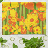 レトロ1970年代イエローオレンジ色の花 キッチンタオル (折り畳み)