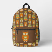 レトロ1970sオレンジ、茶色の緑のフクロウパターン（の模様が）ある プリントバックパック (正面)