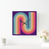 レトロ1970sスタイルアーチ型ストライプ幾何学模様 スクエア壁時計 (ホーム)