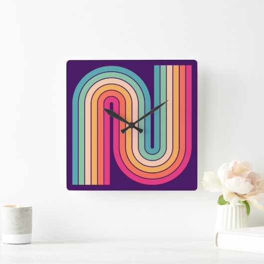 レトロ1970sスタイルアーチ型ストライプ幾何学模様 スクエア壁時計 (ホーム)