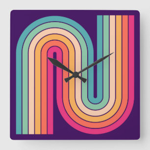 レトロ1970sスタイルアーチ型ストライプ幾何学模様 スクエア壁時計