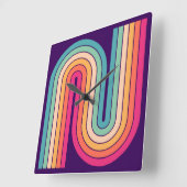 レトロ1970sスタイルアーチ型ストライプ幾何学模様 スクエア壁時計 (傾斜)