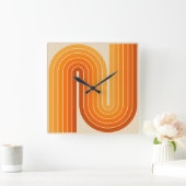 レトロ1970sスタイルアーチ型ストライプ幾何学模様 スクエア壁時計 (ホーム)