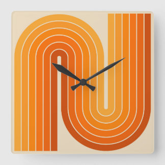 レトロ1970sスタイルアーチ型ストライプ幾何学模様 スクエア壁時計
