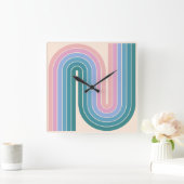 レトロ1970sスタイルアーチ型ストライプ幾何学模様 スクエア壁時計 (ホーム)