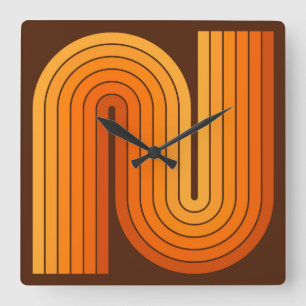 レトロ1970sスタイルアーチ型ストライプ幾何学模様 スクエア壁時計