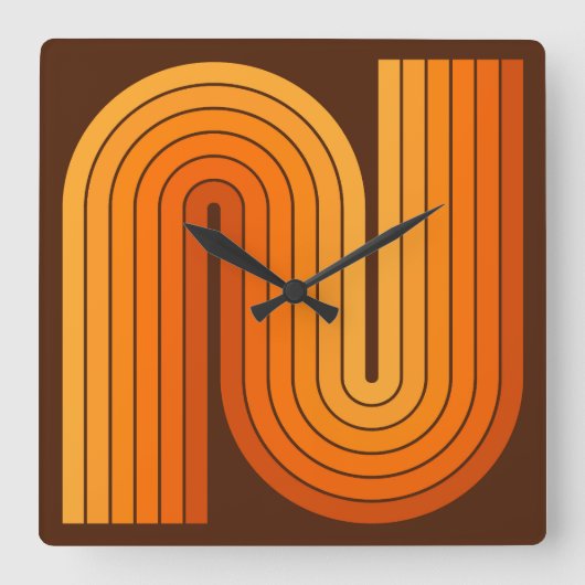 レトロ1970sスタイルアーチ型ストライプ幾何学模様 スクエア壁時計 (正面)