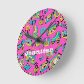 レトロ1980年代ネオンピンクティール(緑がかった色)パタポップ・アートのーン音楽 ラウンド壁時計 (傾斜)
