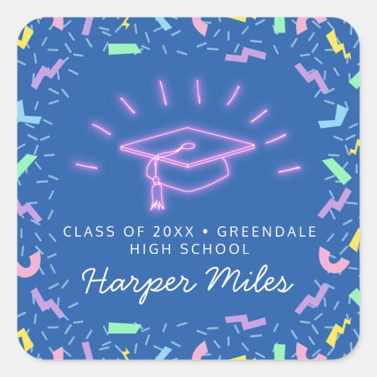 レトロ1980年代ピンクのネオン卒業ハット スクエアシール (正面)