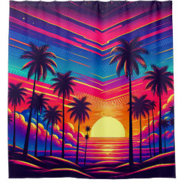 レトロ1980年代：ビーチの夕日" シャワーカーテン