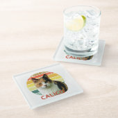 レトロ1980年色あせた夕焼けカリコモギーキャットアート    ガラスコースター (アングル)