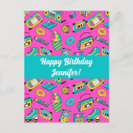 レトロ1980sネオンピンクブライトパターンヴィンテージ技術 ポストカード