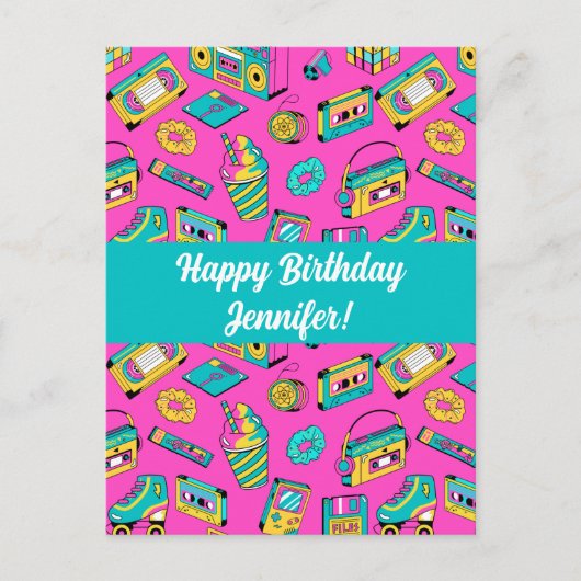 レトロ1980sネオンピンクブライトパターンヴィンテージ技術 ポストカード (正面)