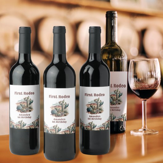 レトロ1stファーストロデオウエスタンサボス誕生日 ワインラベル