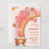 レトロ2グルービーデイジーフラワーバースデーパーティー 招待状 (正面)